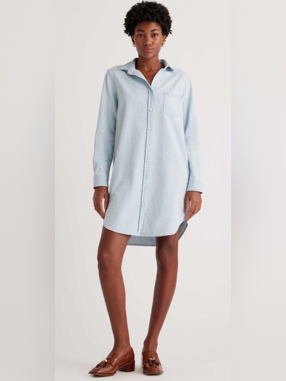 Quince Distressed Denim Shirt Dress Light Chambray Blue Women’s M Preppy Coastal